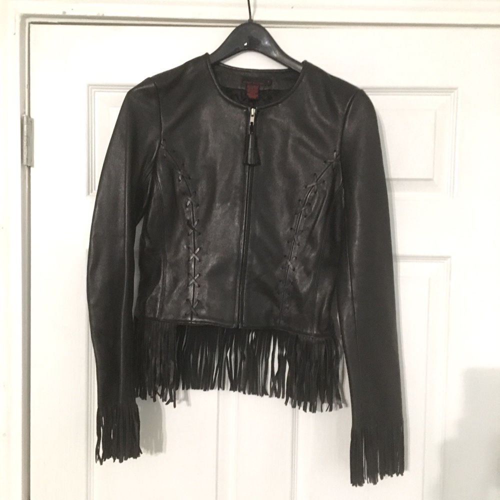 Debbie Shuchat Black Soft Leather Collarless Fringe Sleeved Jacket - SZ 4 - GUC